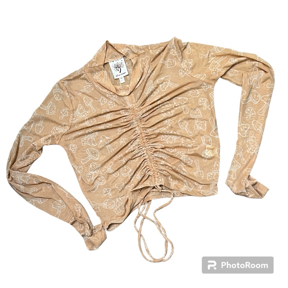 Self Esteem Y2k Beige Semi-Sheer Top, Mushroom Print, Fairy, Garden, Forest